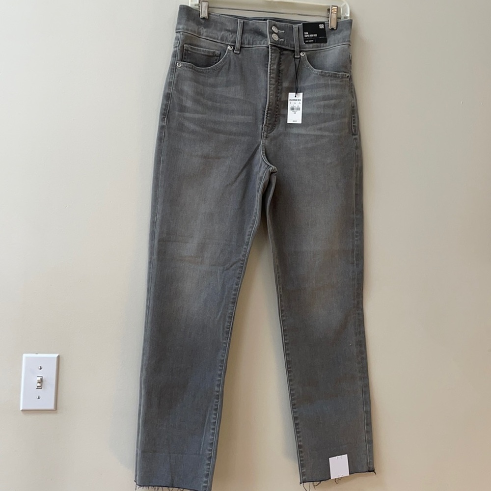 Express Gray Slim Super High Rise Luxe Comfort Raw Hem Jeans